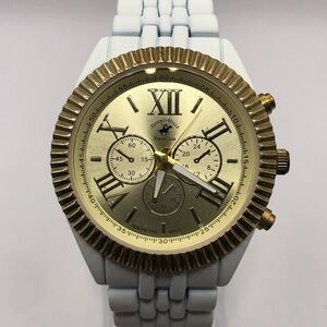 Beverly Hills Polo Club Women’s Watch White Band (New Battery) Gold Bezel Clean